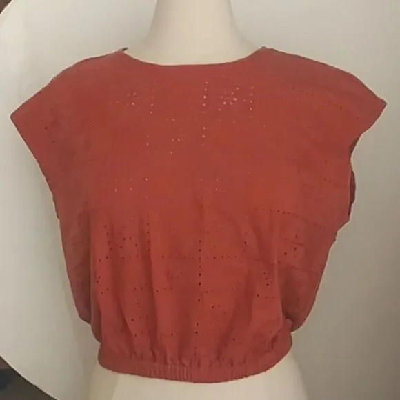 Madewell Women's Per Se Eyelet Top Cotton Rust Color Cap Sleeves Elastic… - Picture 2 of 13